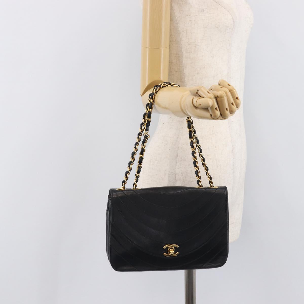 CHANEL Chain Shoulder Bag Lamb Skin Black Gold CC Auth 214056V