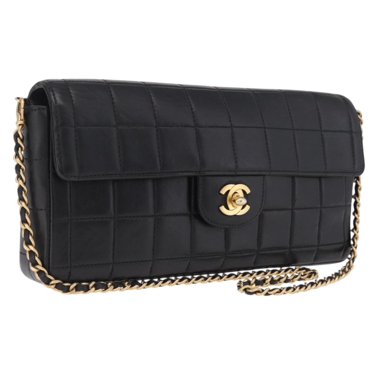 CHANEL Choco Bar Line Chain Shoulder Bag Lamb Skin Gold Black CC Auth 214068V