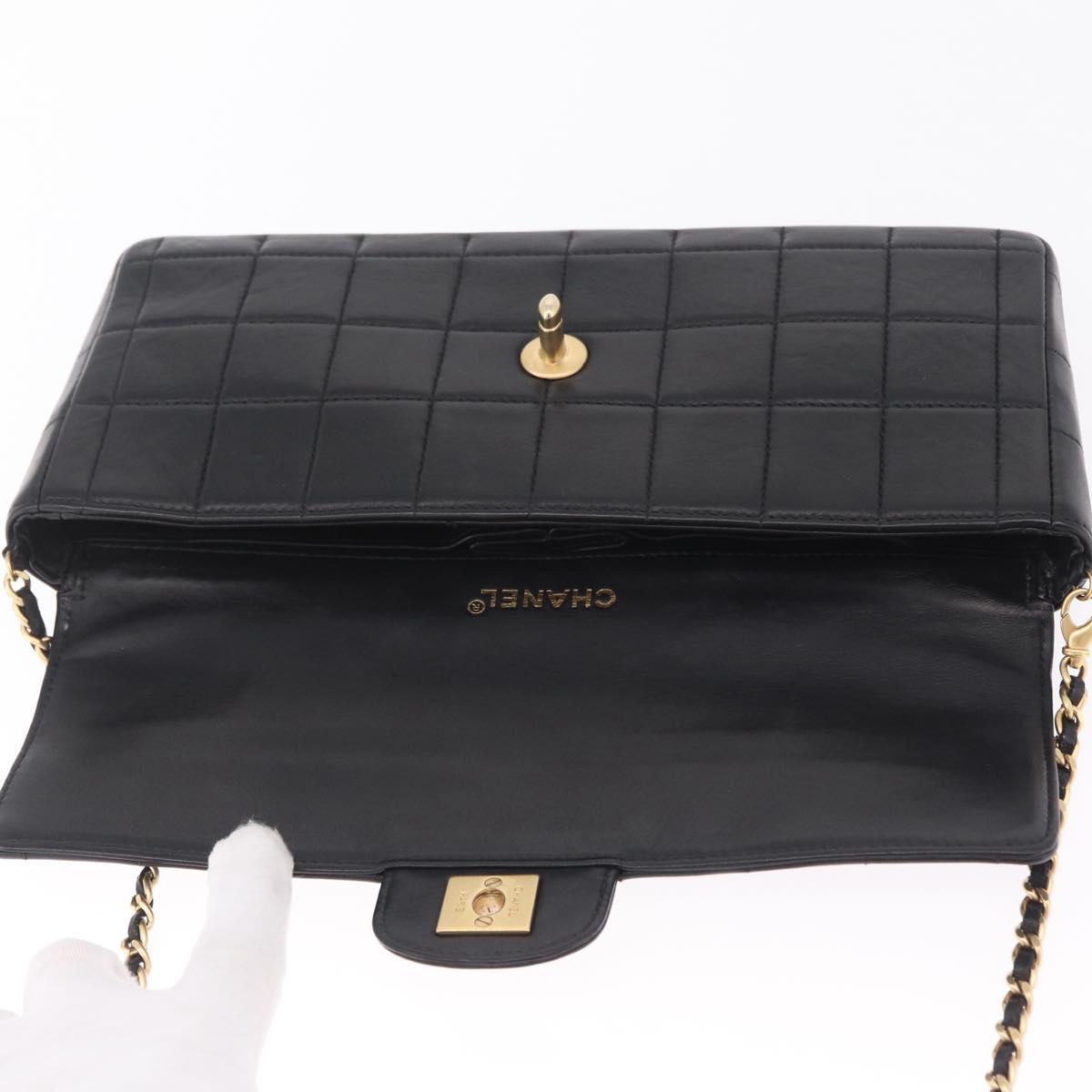 CHANEL Choco Bar Line Chain Shoulder Bag Lamb Skin Gold Black CC Auth 214068V