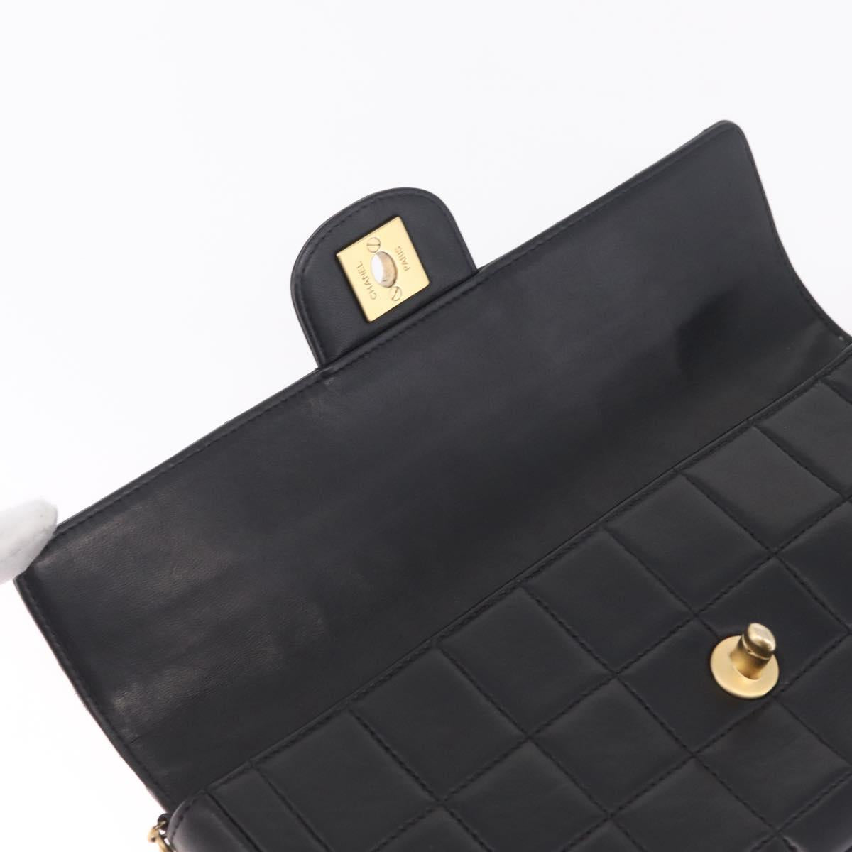 CHANEL Choco Bar Line Chain Shoulder Bag Lamb Skin Gold Black CC Auth 214068V