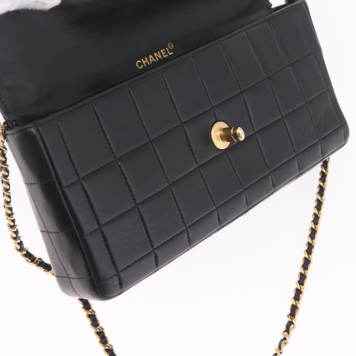 CHANEL Choco Bar Line Chain Shoulder Bag Lamb Skin Gold Black CC Auth 214068V