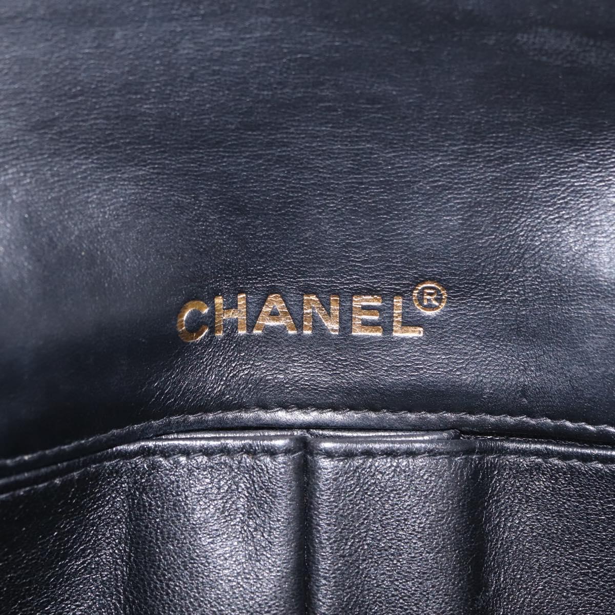 CHANEL Choco Bar Line Chain Shoulder Bag Lamb Skin Gold Black CC Auth 214068V