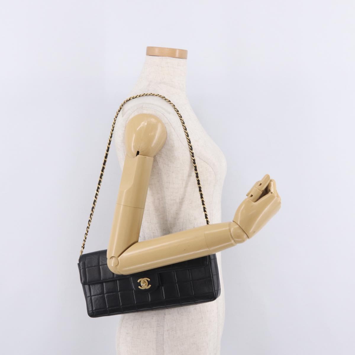 CHANEL Choco Bar Line Chain Shoulder Bag Lamb Skin Gold Black CC Auth 214068V