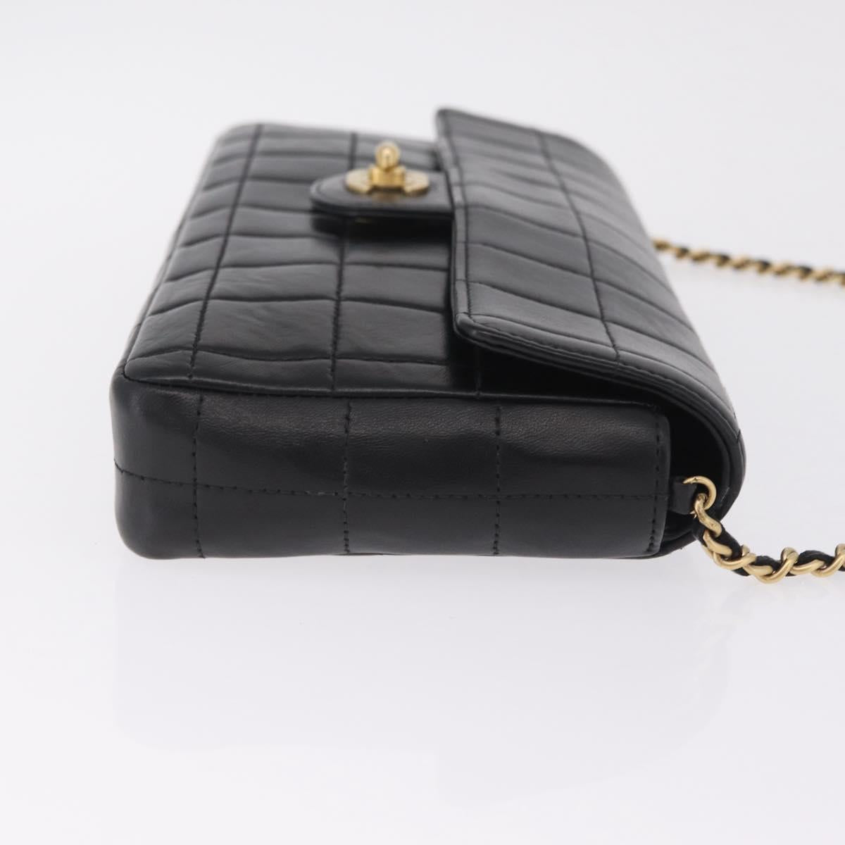 CHANEL Choco Bar Line Chain Shoulder Bag Lamb Skin Gold Black CC Auth 214068V
