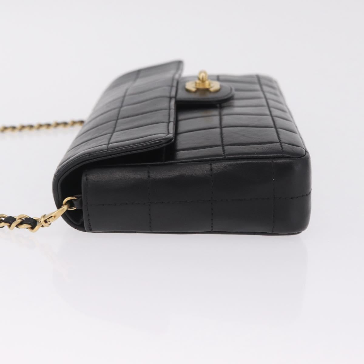 CHANEL Choco Bar Line Chain Shoulder Bag Lamb Skin Gold Black CC Auth 214068V
