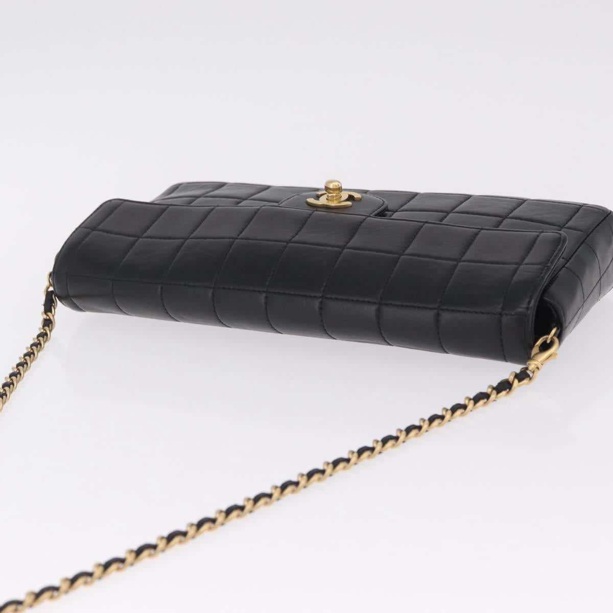 CHANEL Choco Bar Line Chain Shoulder Bag Lamb Skin Gold Black CC Auth 214068V