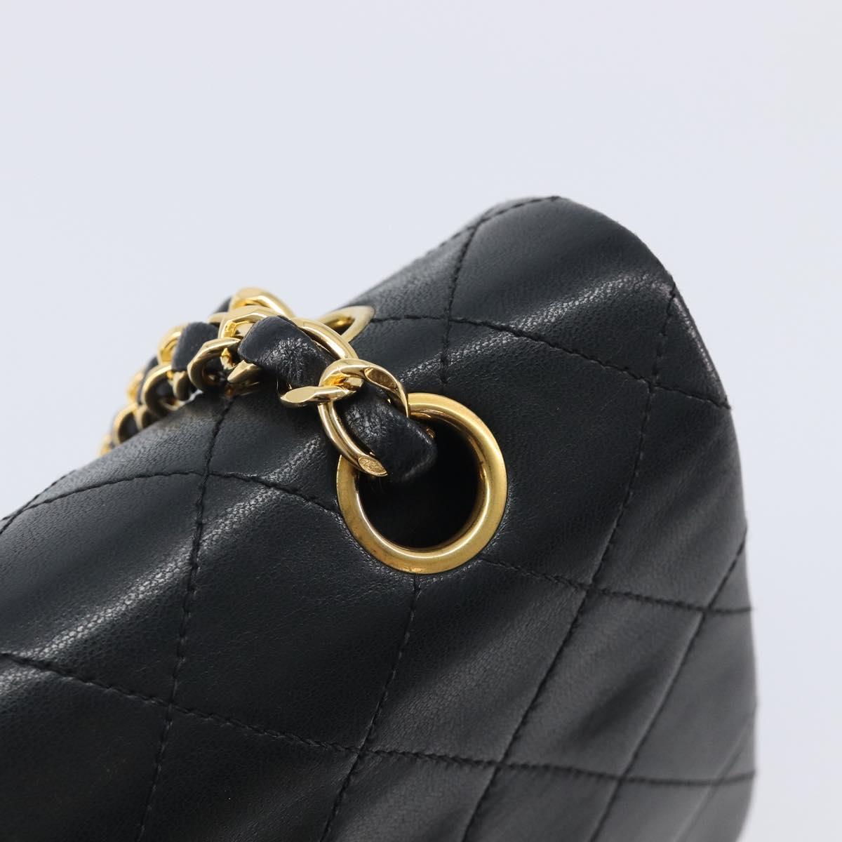 CHANEL Matelasse 25 Double Flap Chain Bag Lamb Skin Black Gold CC Auth 214103SAM
