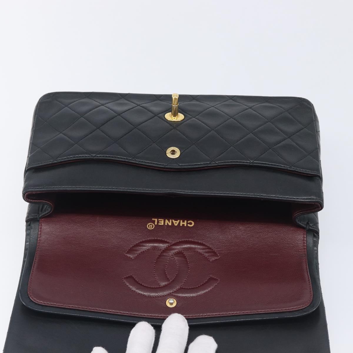 CHANEL Matelasse 25 Double Flap Chain Bag Lamb Skin Black Gold CC Auth 214103SAM