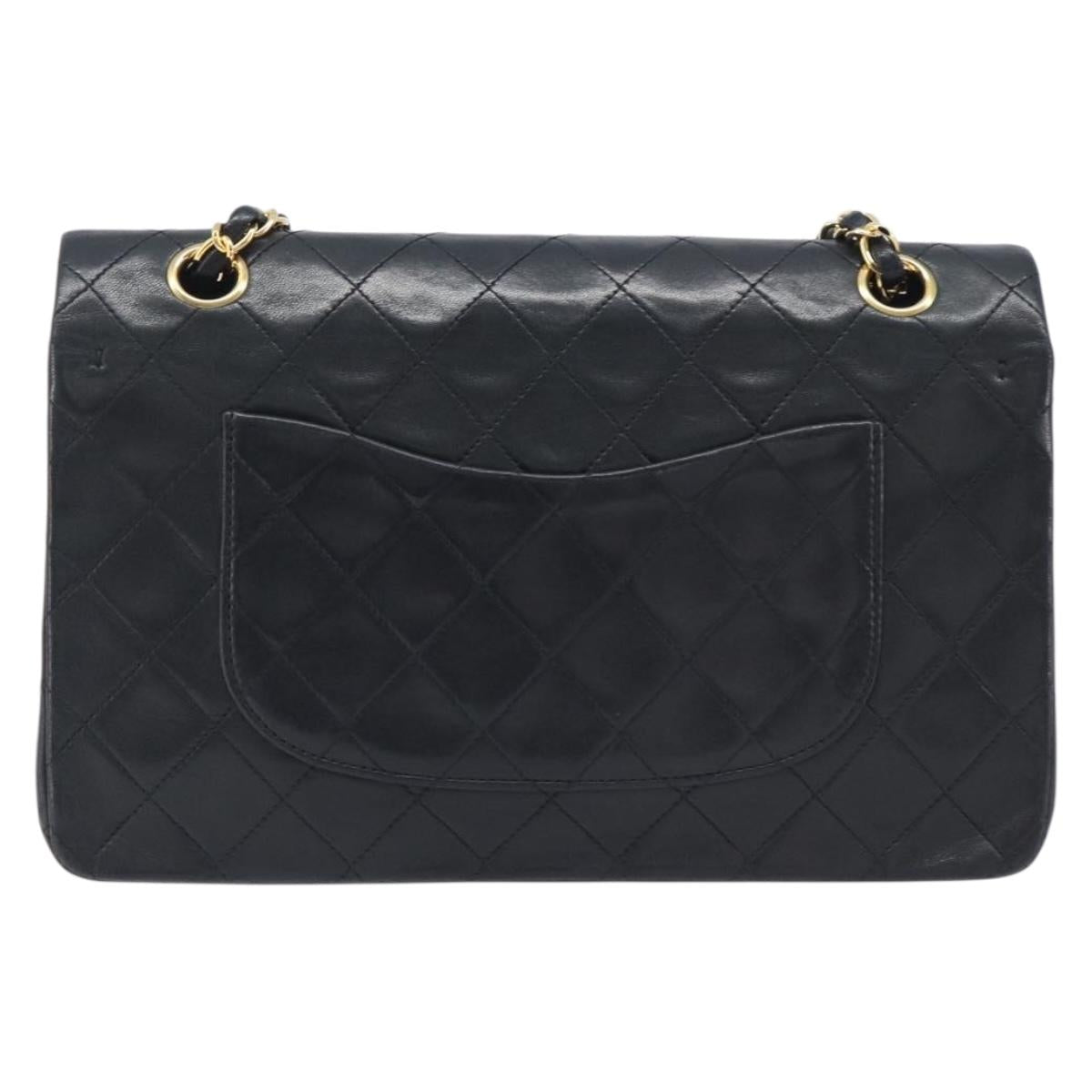 CHANEL Matelasse 25 Double Flap Chain Bag Lamb Skin Black Gold CC Auth 214103SAM