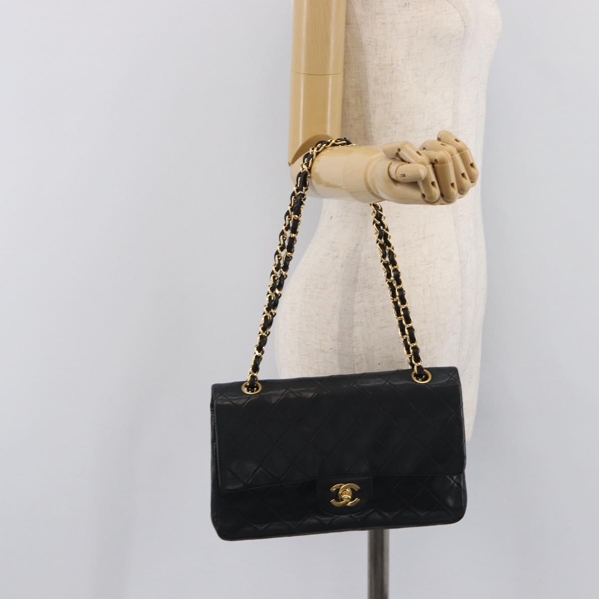 CHANEL Matelasse 25 Double Flap Chain Bag Lamb Skin Black Gold CC Auth 214103SAM