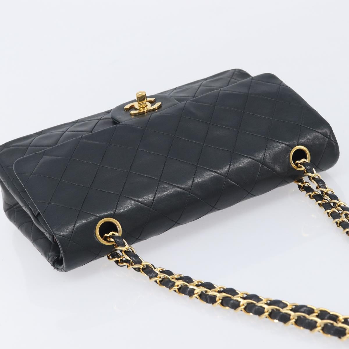 CHANEL Matelasse 25 Double Flap Chain Bag Lamb Skin Black Gold CC Auth 214103SAM