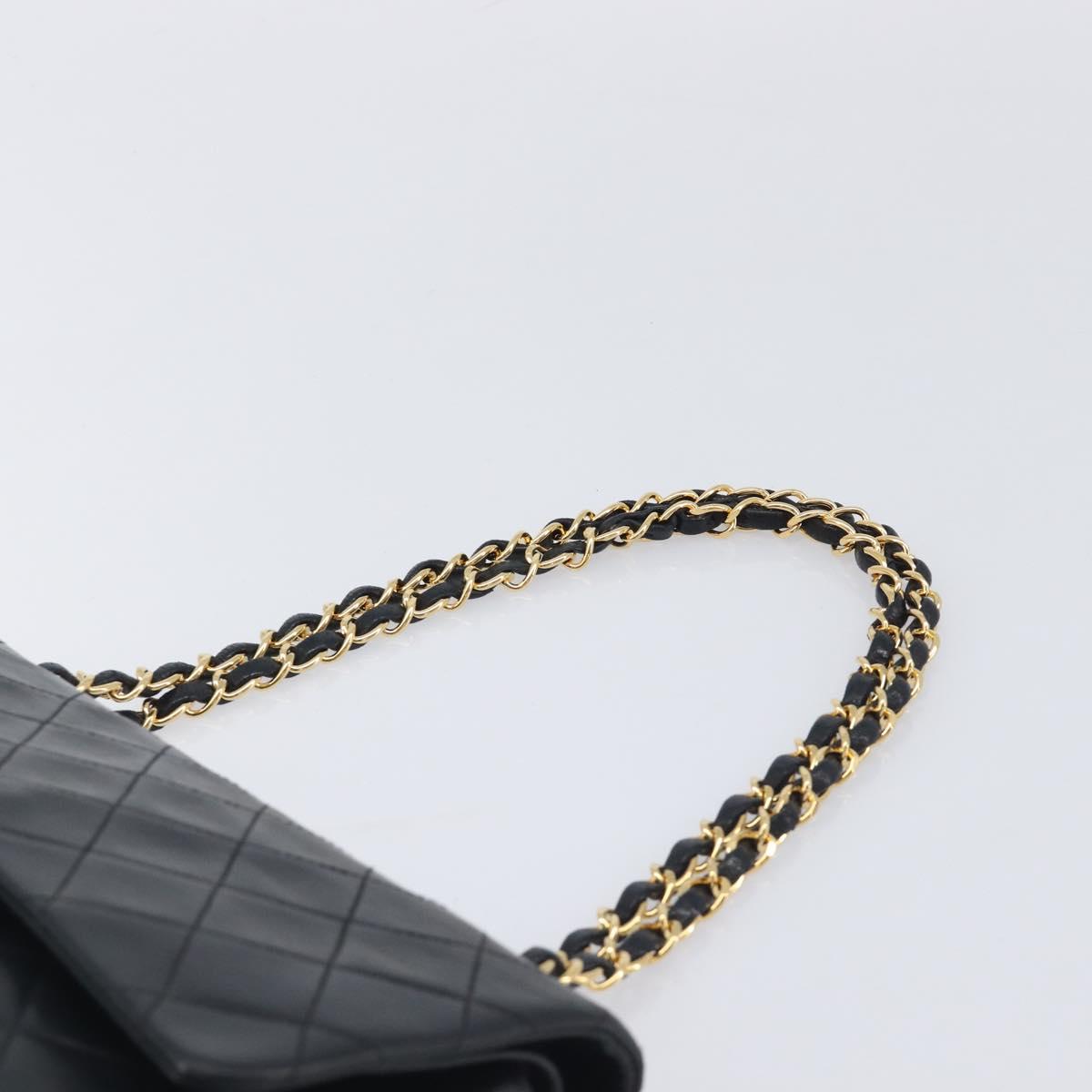 CHANEL Matelasse 25 Double Flap Chain Bag Lamb Skin Black Gold CC Auth 214103SAM