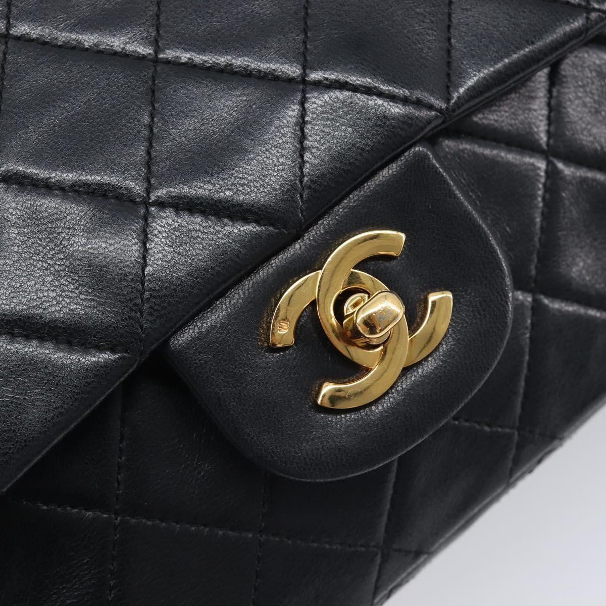 CHANEL Matelasse 25 Double Flap Chain Bag Lamb Skin Black Gold CC Auth 214105SAM