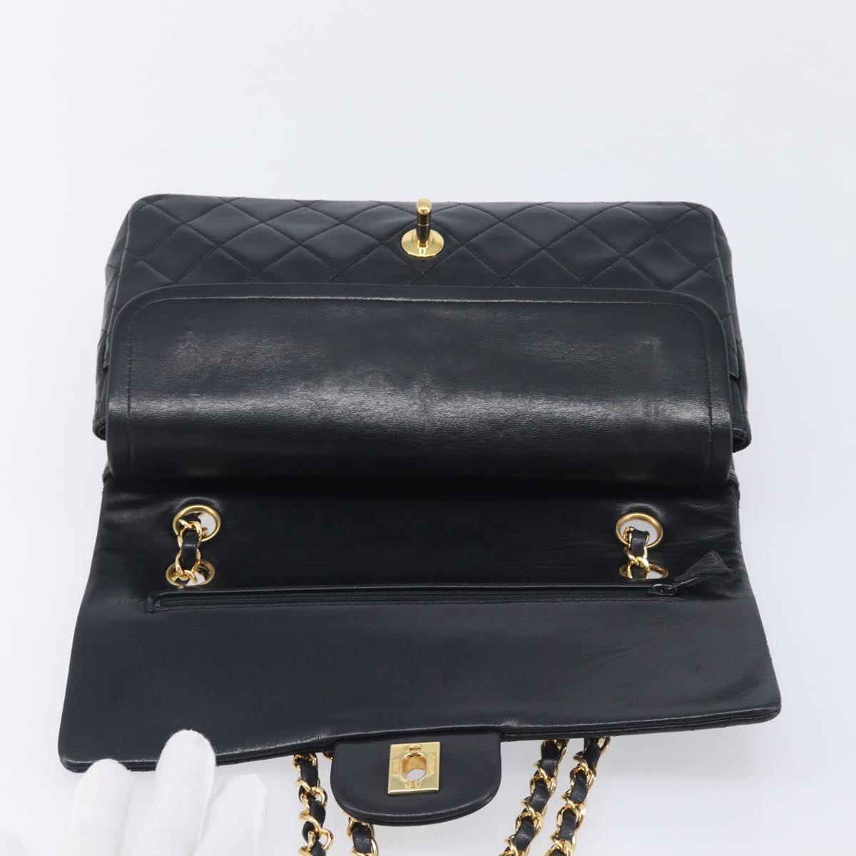 CHANEL Matelasse 25 Double Flap Chain Bag Lamb Skin Black Gold CC Auth 214105SAM