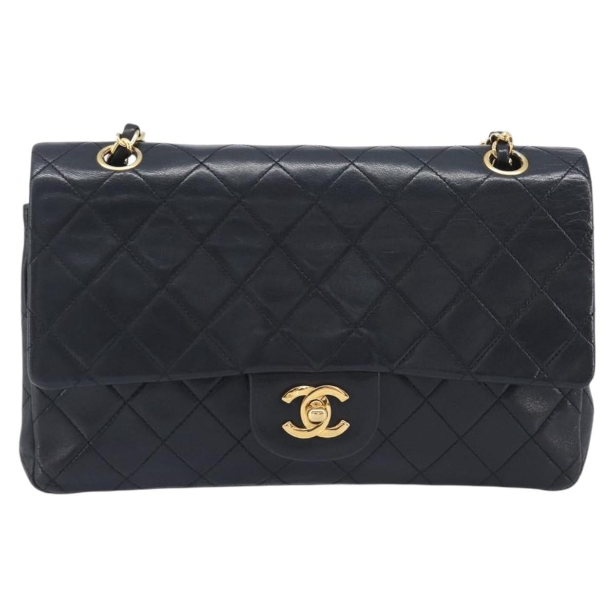 CHANEL Matelasse 25 Double Flap Chain Bag Lamb Skin Black Gold CC Auth 214105SAM