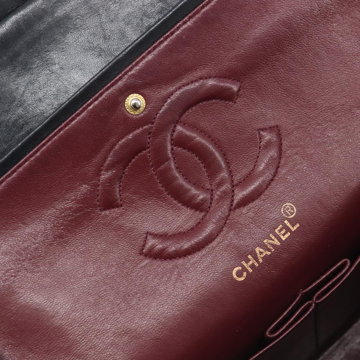 CHANEL Matelasse 25 Double Flap Chain Bag Lamb Skin Black Gold CC Auth 214105SAM