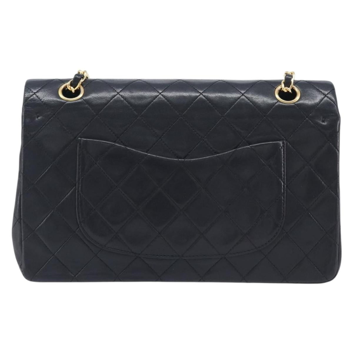 CHANEL Matelasse 25 Double Flap Chain Bag Lamb Skin Black Gold CC Auth 214105SAM