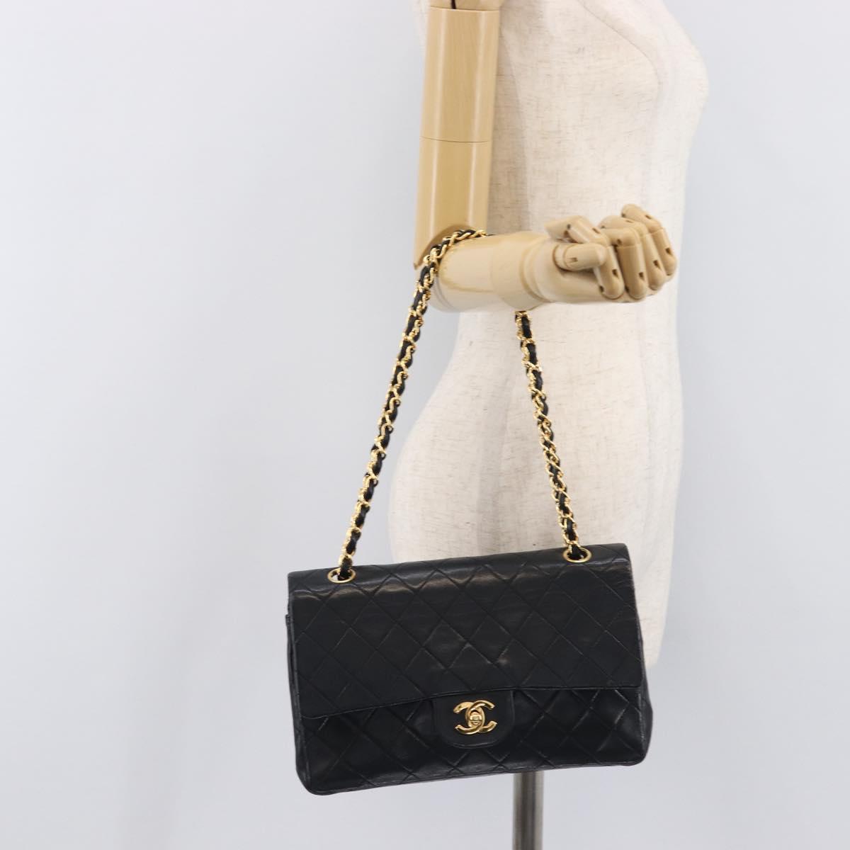 CHANEL Matelasse 25 Double Flap Chain Bag Lamb Skin Black Gold CC Auth 214105SAM