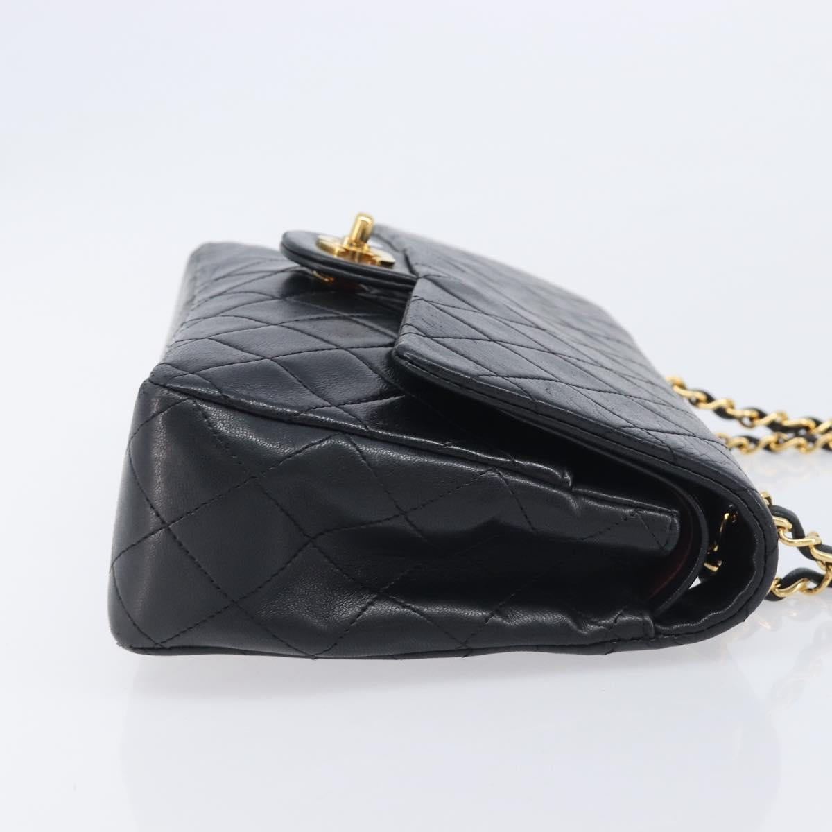 CHANEL Matelasse 25 Double Flap Chain Bag Lamb Skin Black Gold CC Auth 214105SAM