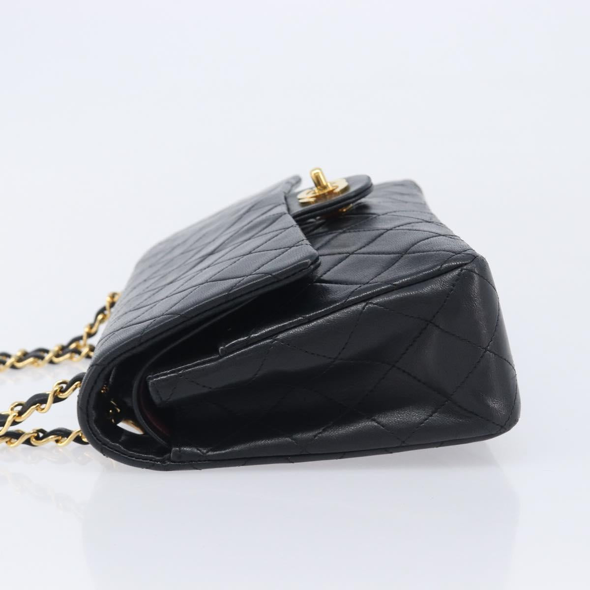 CHANEL Matelasse 25 Double Flap Chain Bag Lamb Skin Black Gold CC Auth 214105SAM