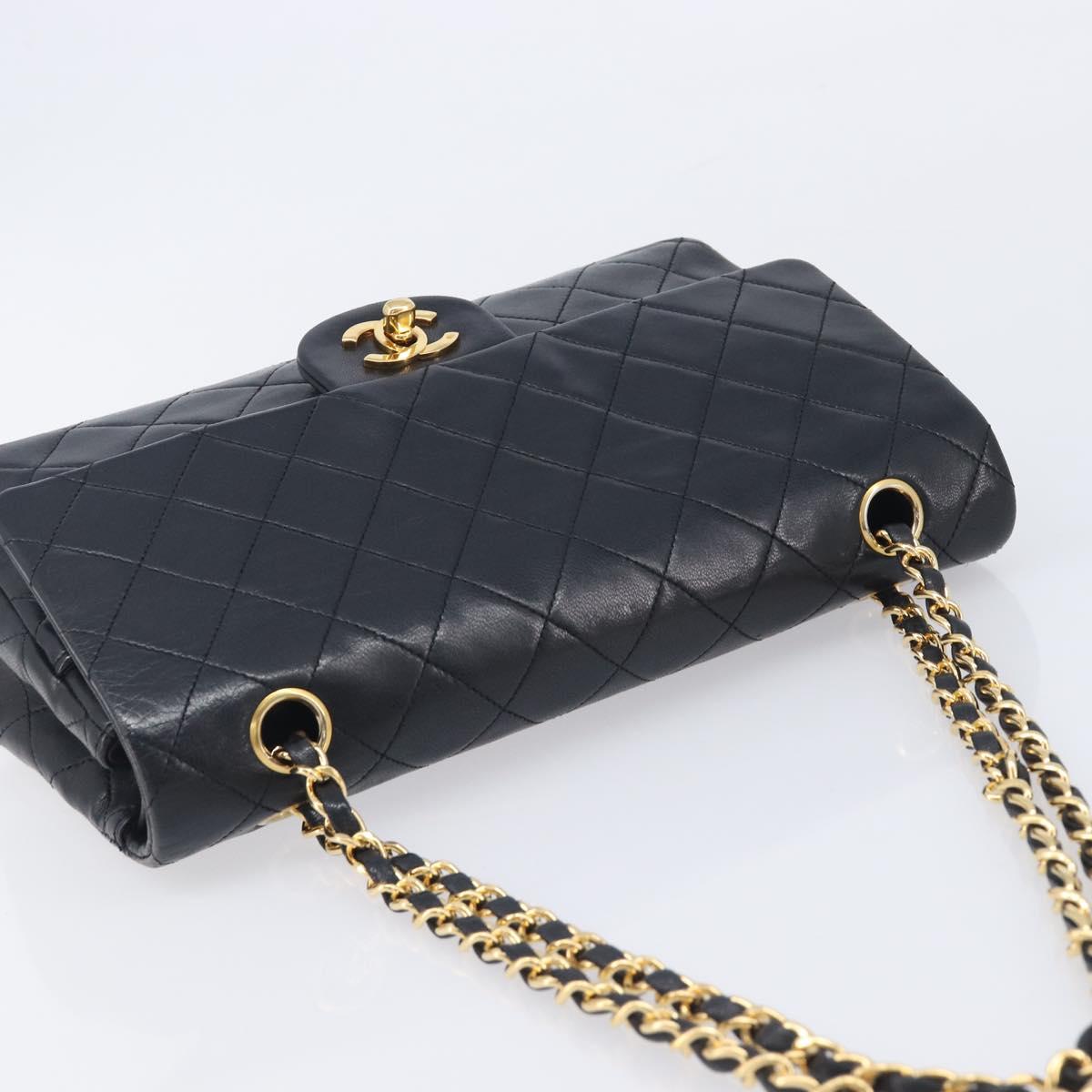 CHANEL Matelasse 25 Double Flap Chain Bag Lamb Skin Black Gold CC Auth 214105SAM