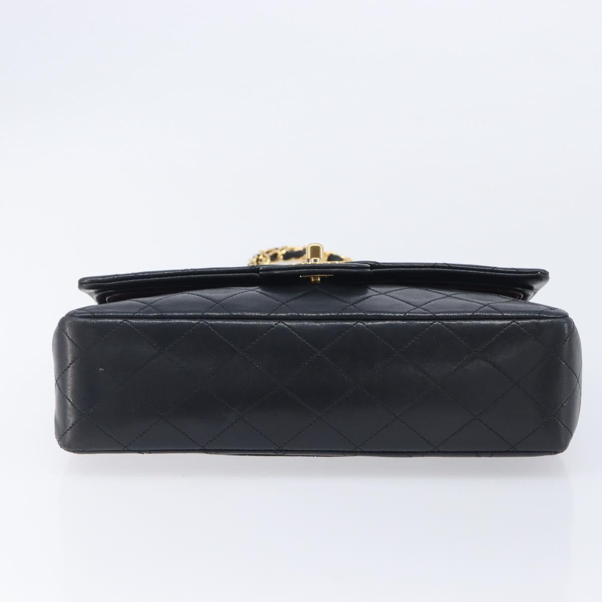 CHANEL Matelasse 25 Double Flap Chain Bag Lamb Skin Black Gold CC Auth 214105SAM