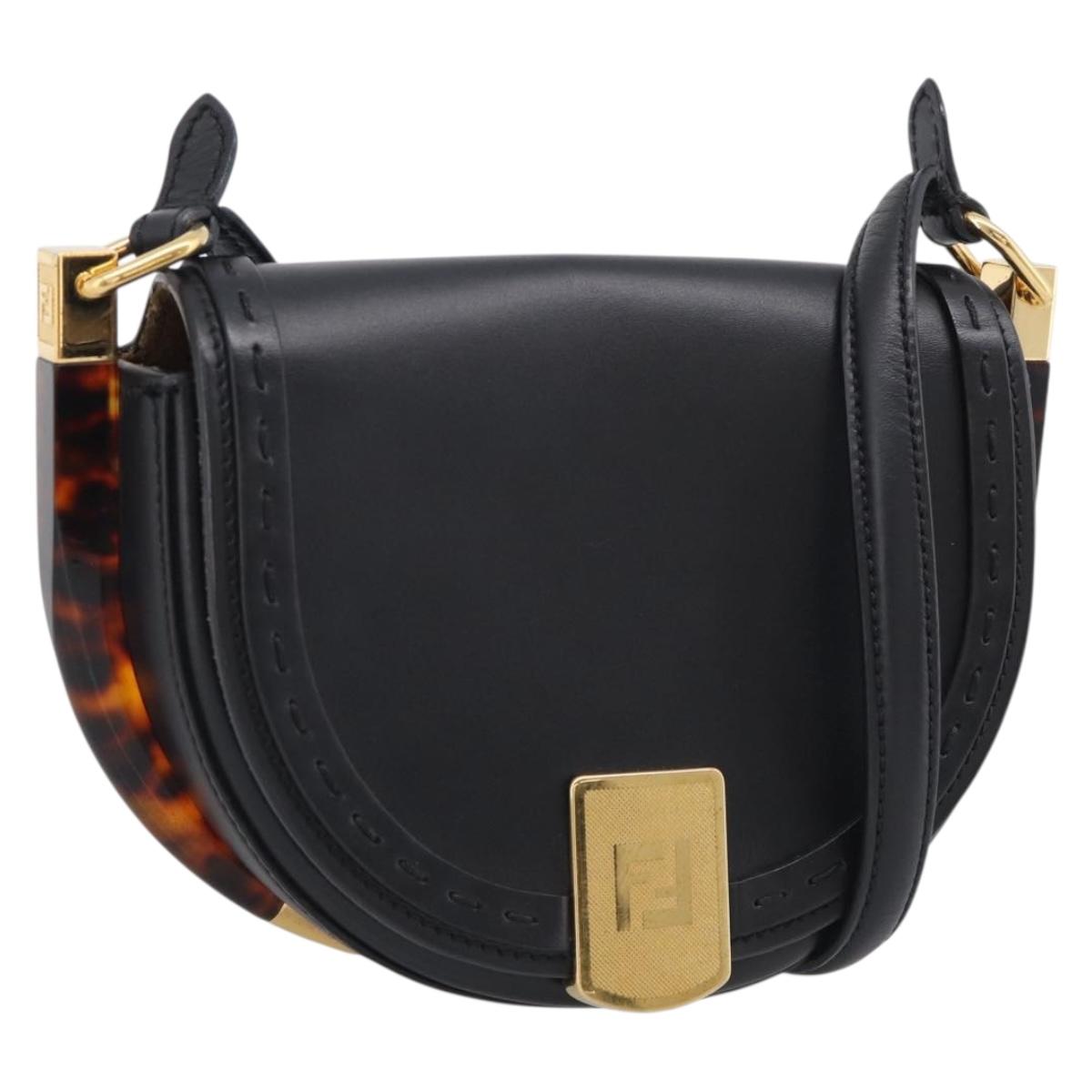 FENDI Moonlight Shoulder Bag Leather Black Gold Auth 214143V