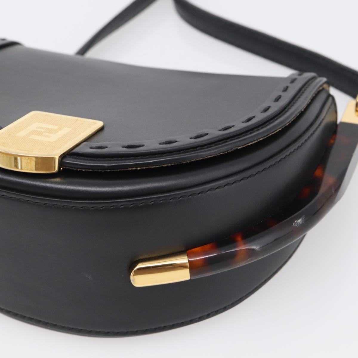 FENDI Moonlight Shoulder Bag Leather Black Gold Auth 214143V