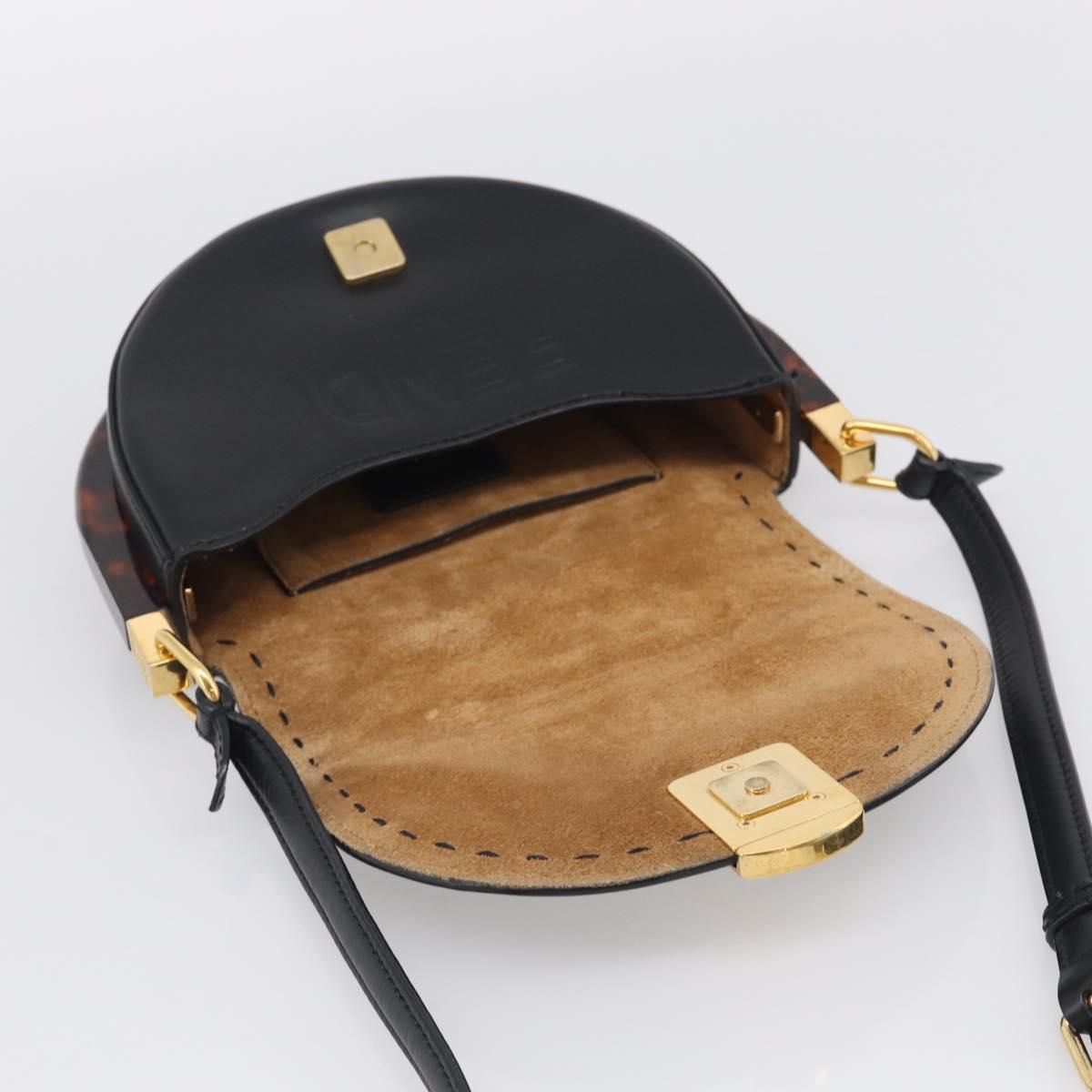 FENDI Moonlight Shoulder Bag Leather Black Gold Auth 214143V