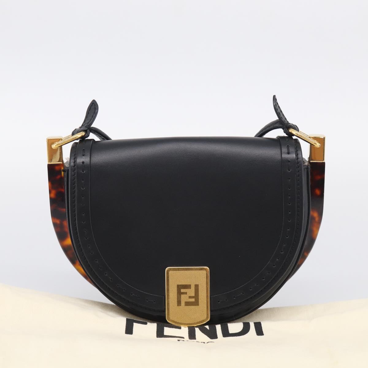 FENDI Moonlight Shoulder Bag Leather Black Gold Auth 214143V
