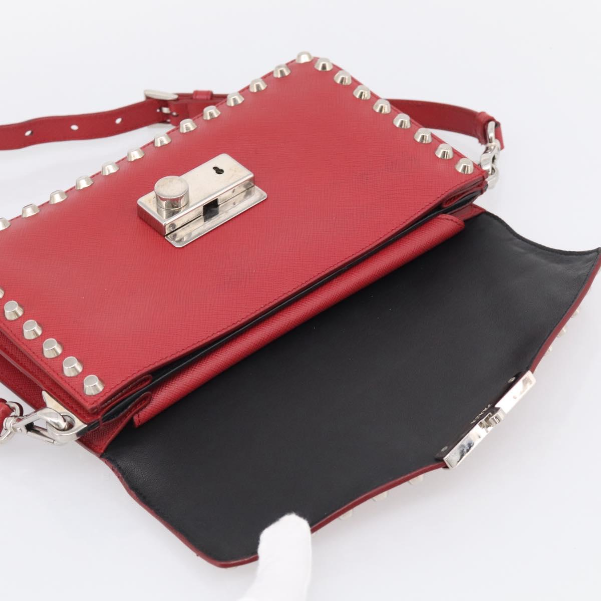 PRADA Shoulder Bag Safiano Leather Red Silver Auth 214296V
