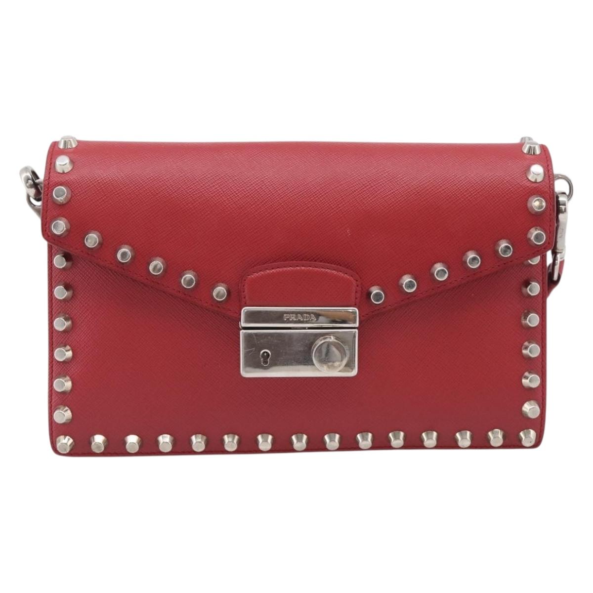 PRADA Shoulder Bag Safiano Leather Red Silver Auth 214296V