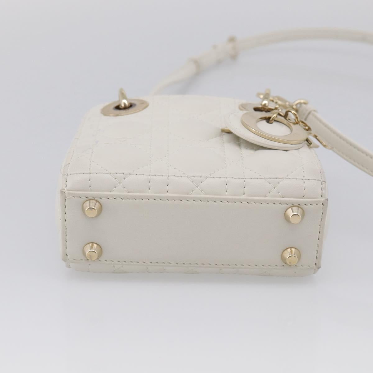 Christian Dior Lady Dior Canage Hand Bag Lamb Skin 2way White Gold Auth 214442M