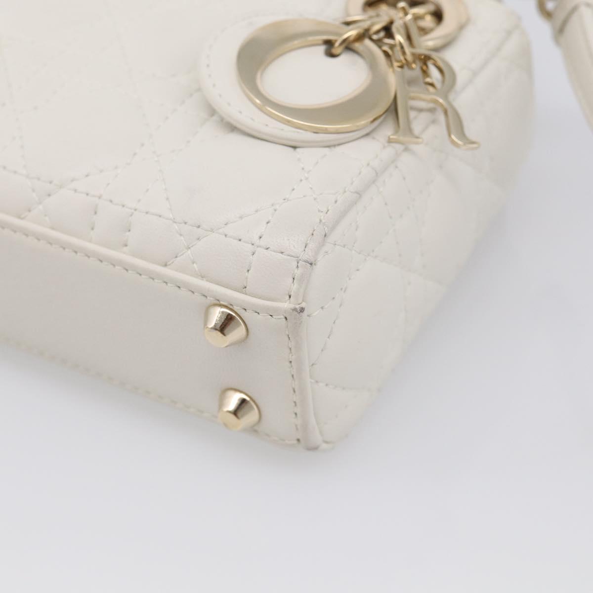Christian Dior Lady Dior Canage Hand Bag Lamb Skin 2way White Gold Auth 214442M