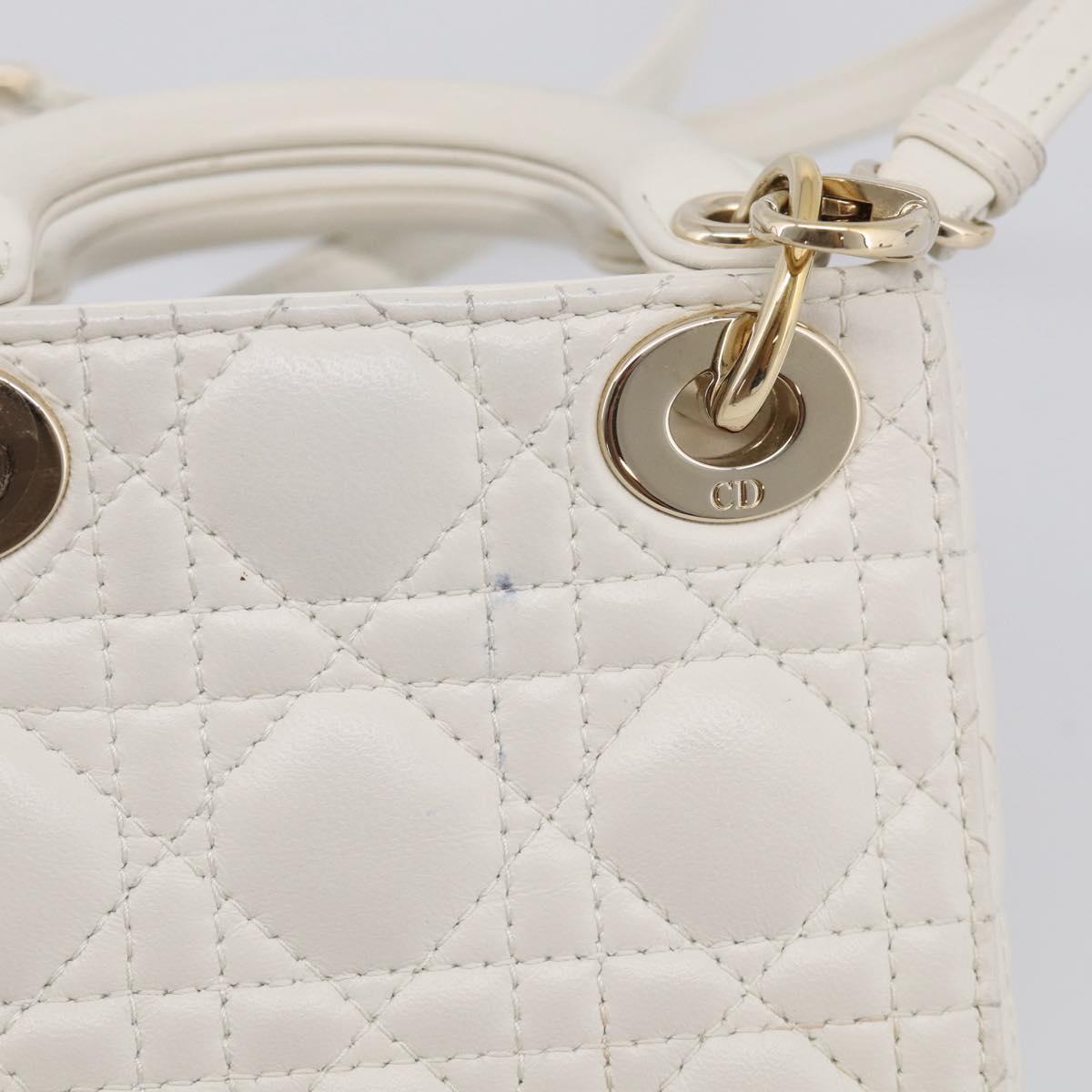 Christian Dior Lady Dior Canage Hand Bag Lamb Skin 2way White Gold Auth 214442M