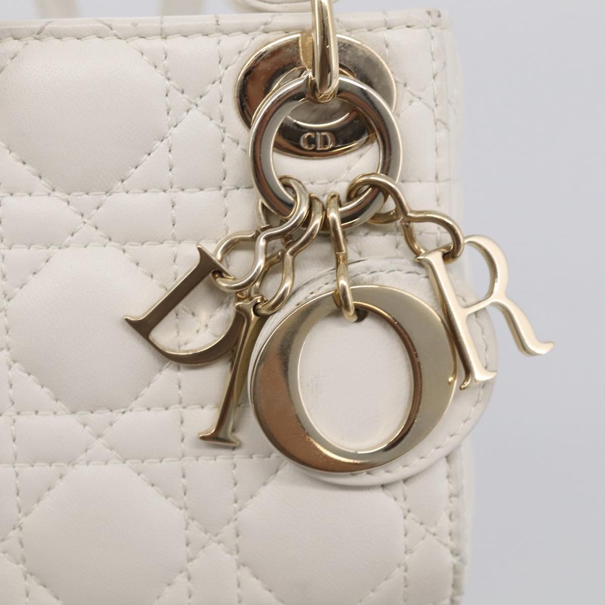 Christian Dior Lady Dior Canage Hand Bag Lamb Skin 2way White Gold Auth 214442M