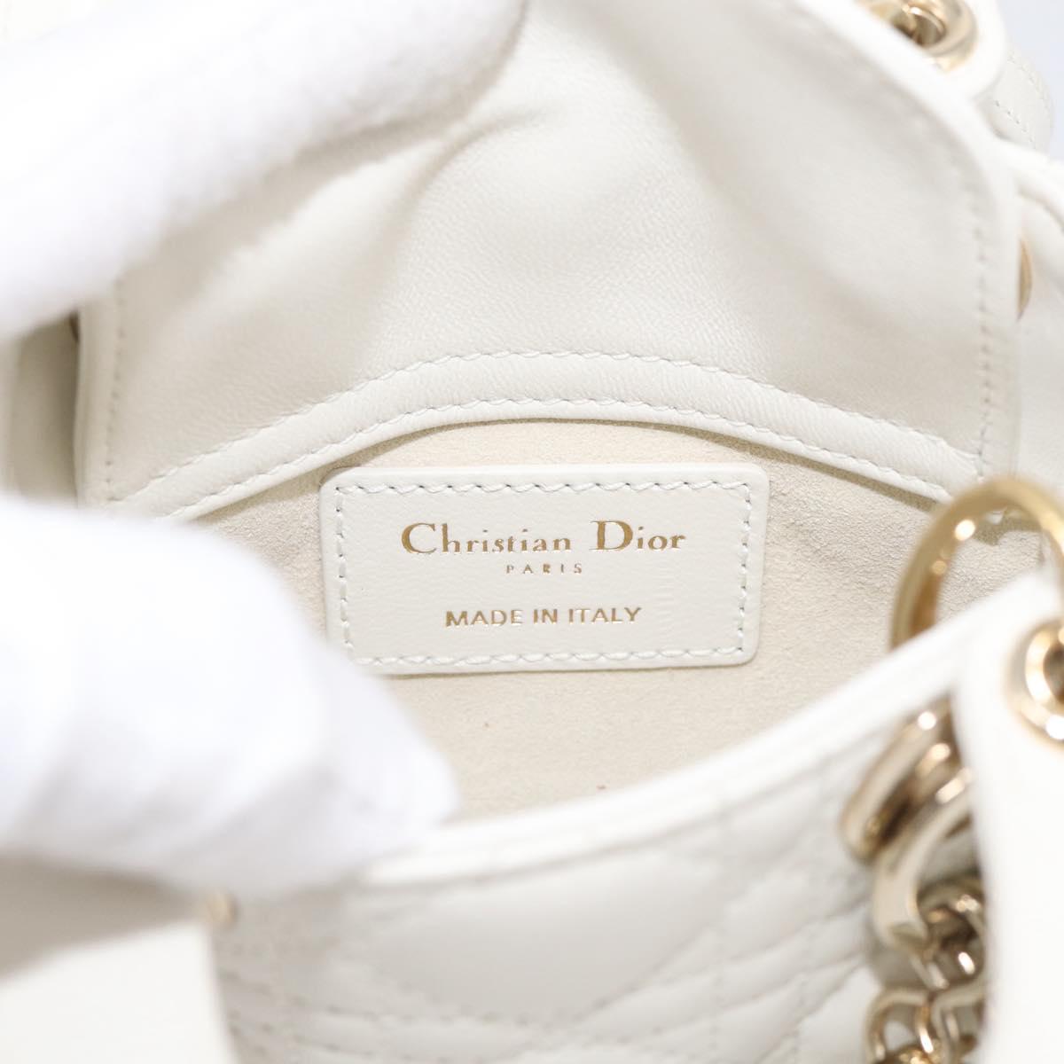 Christian Dior Lady Dior Canage Hand Bag Lamb Skin 2way White Gold Auth 214442M