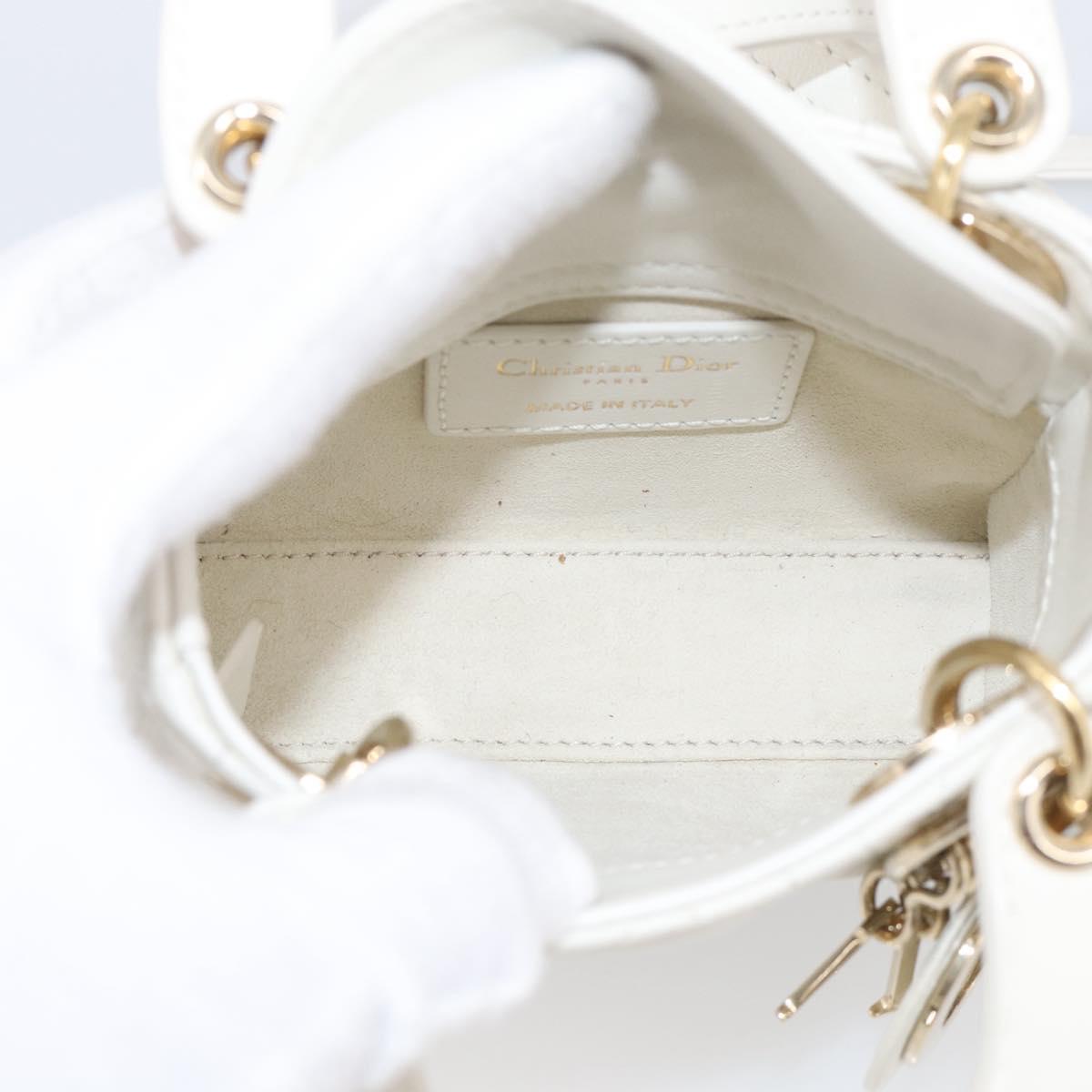 Christian Dior Lady Dior Canage Hand Bag Lamb Skin 2way White Gold Auth 214442M