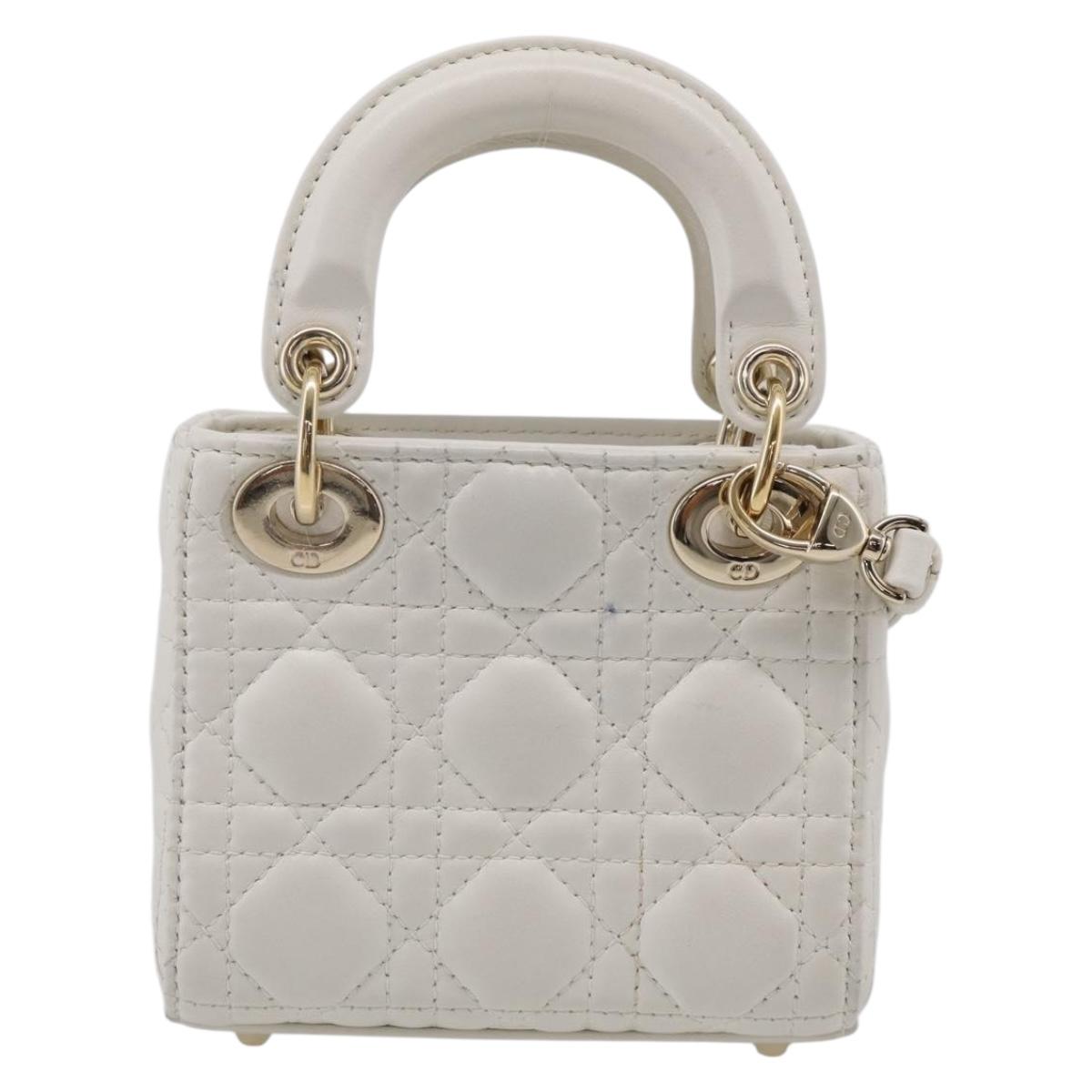 Christian Dior Lady Dior Canage Hand Bag Lamb Skin 2way White Gold Auth 214442M