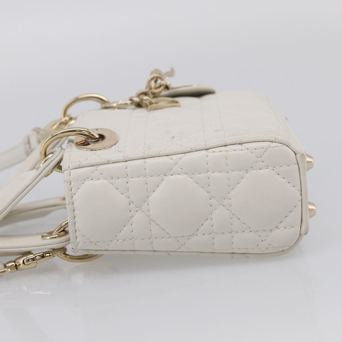 Christian Dior Lady Dior Canage Hand Bag Lamb Skin 2way White Gold Auth 214442M