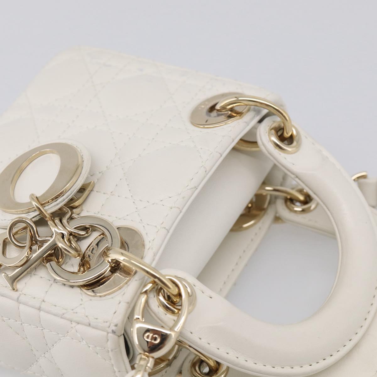 Christian Dior Lady Dior Canage Hand Bag Lamb Skin 2way White Gold Auth 214442M