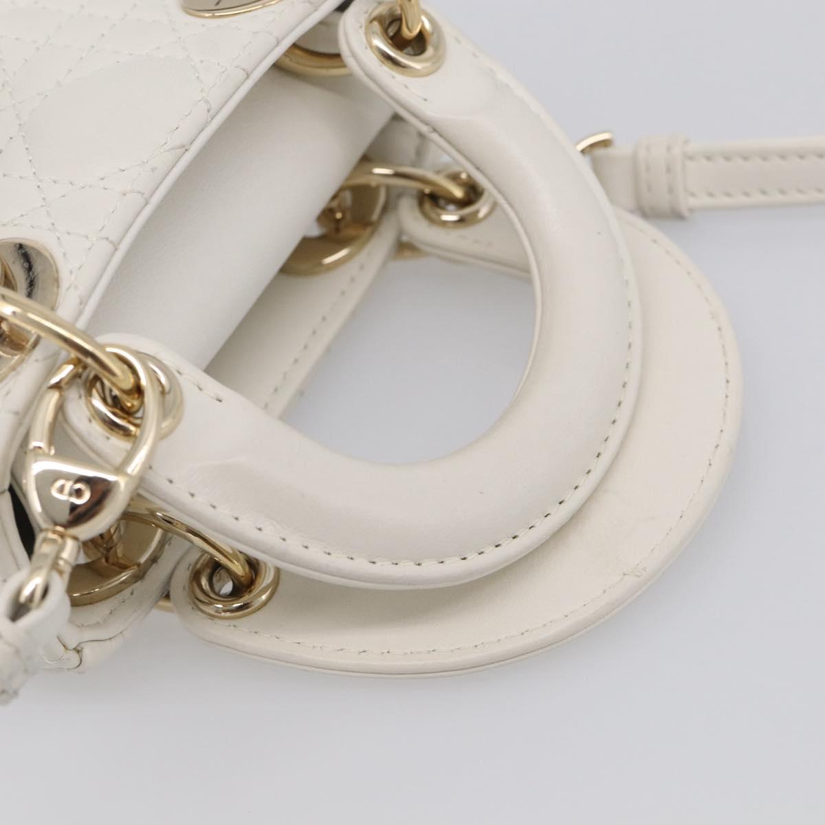 Christian Dior Lady Dior Canage Hand Bag Lamb Skin 2way White Gold Auth 214442M