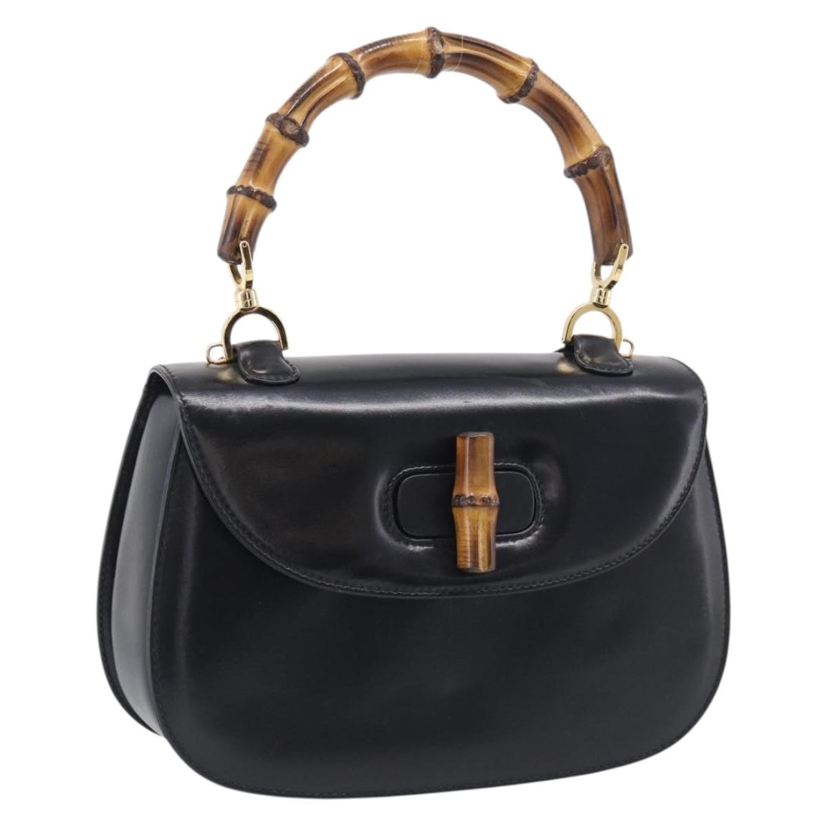 GUCCI Bamboo Hand Bag Leather Black Gold 000 2046 0633 Auth 214446V