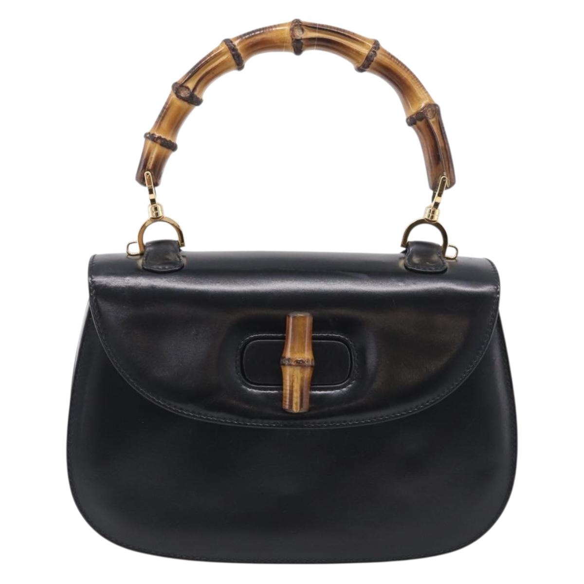 GUCCI Bamboo Hand Bag Leather Black Gold 000 2046 0633 Auth 214446V