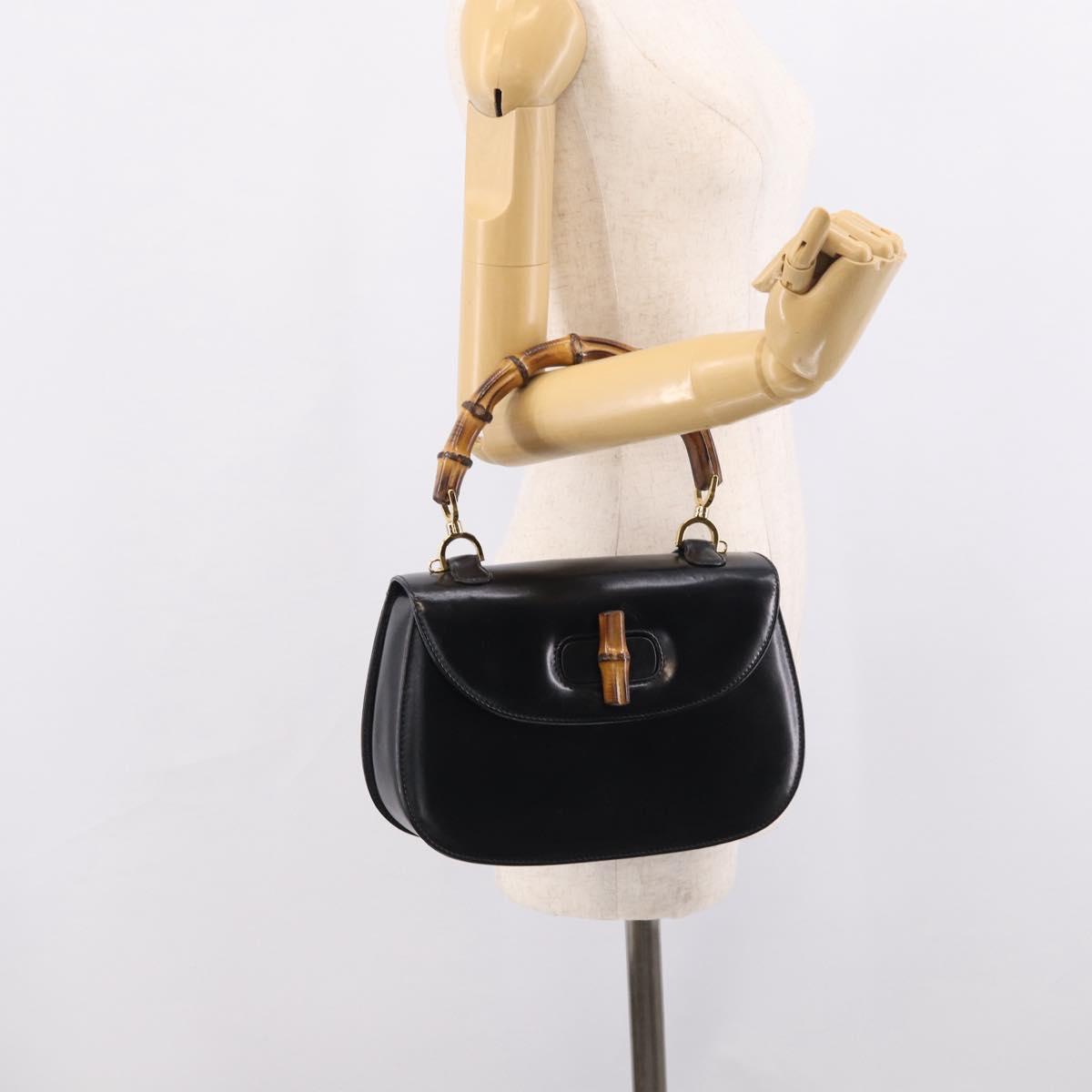 GUCCI Bamboo Hand Bag Leather Black Gold 000 2046 0633 Auth 214446V