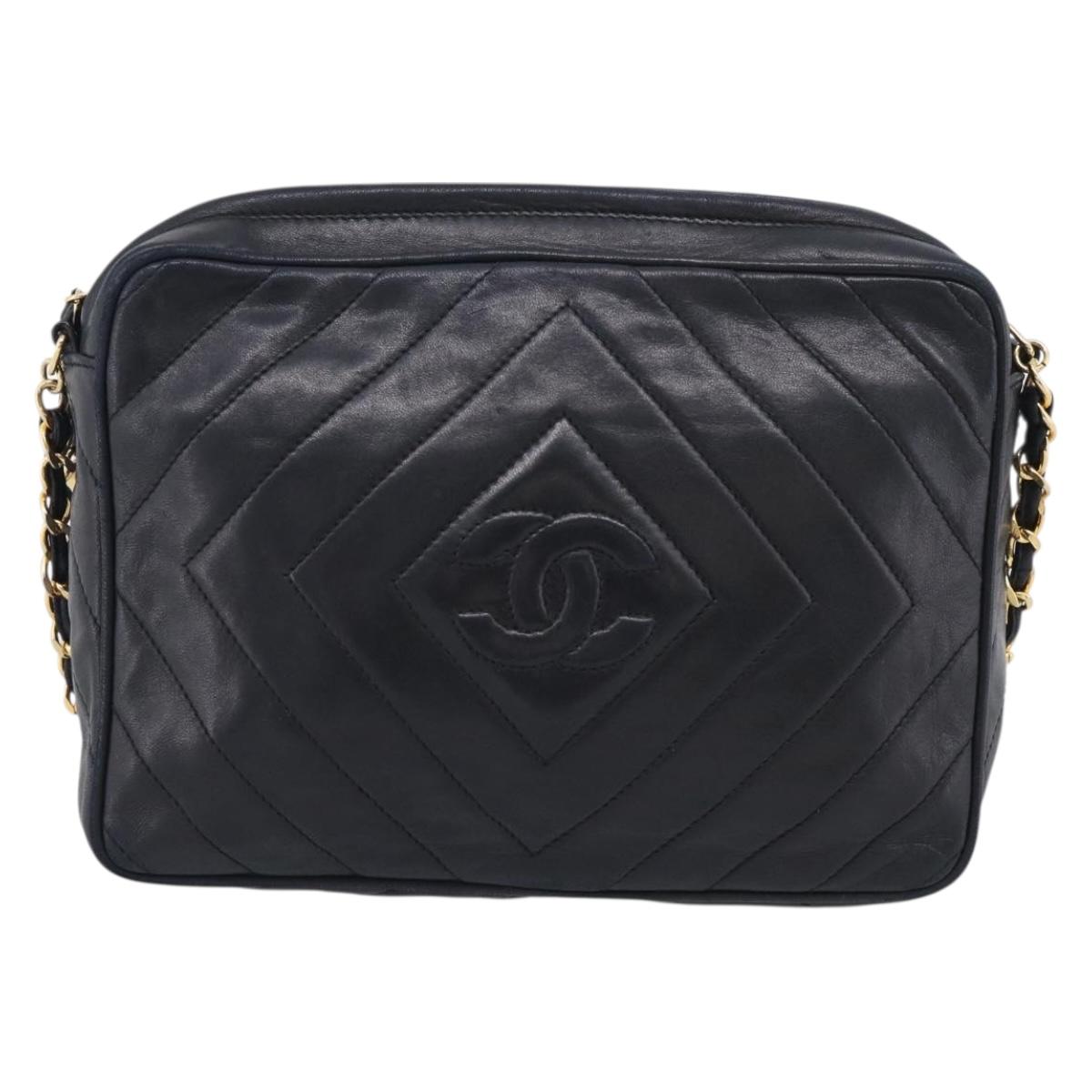 CHANEL Chain Shoulder Bag Lamb Skin Black Gold CC Auth 214657V