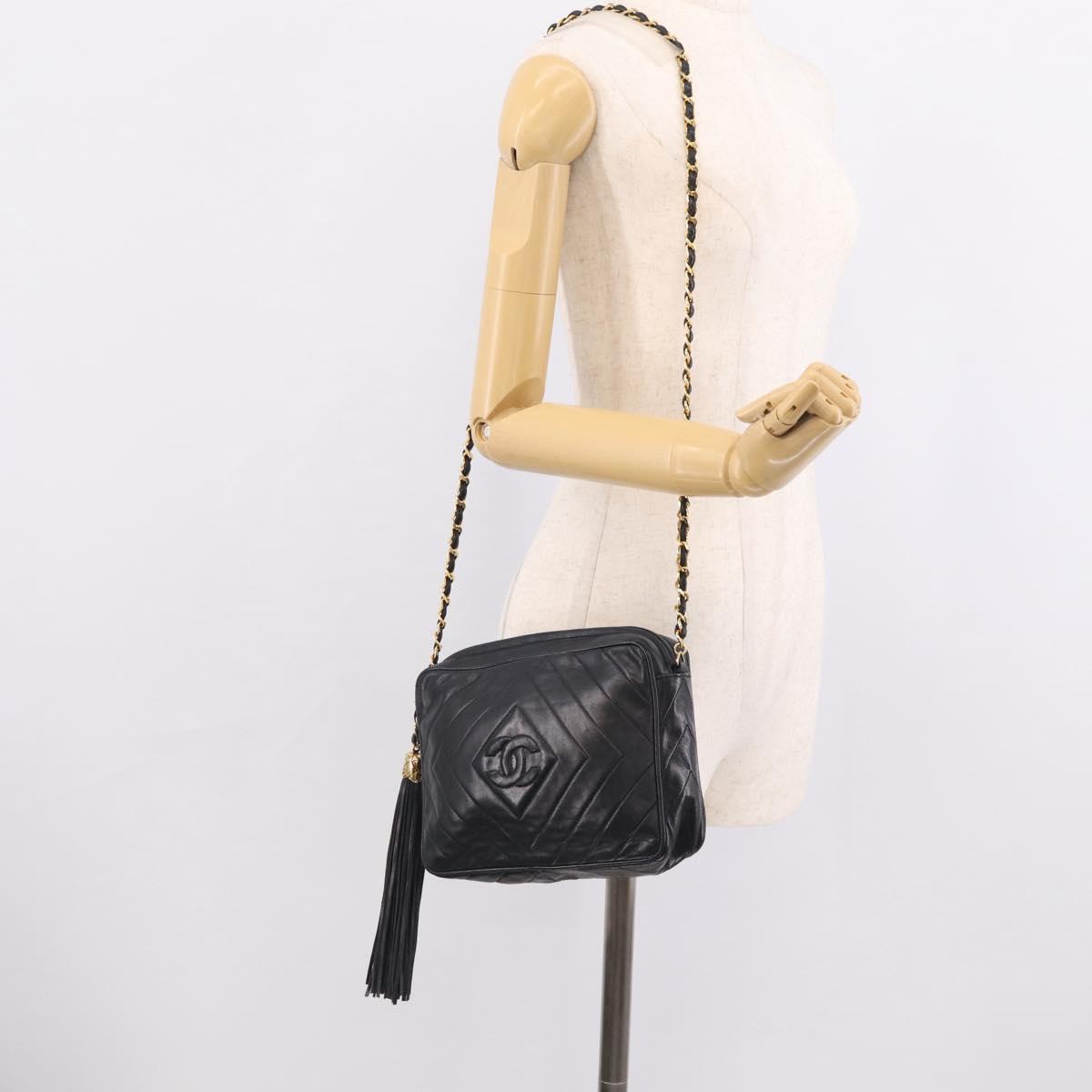 CHANEL Chain Shoulder Bag Lamb Skin Black Gold CC Auth 214657V