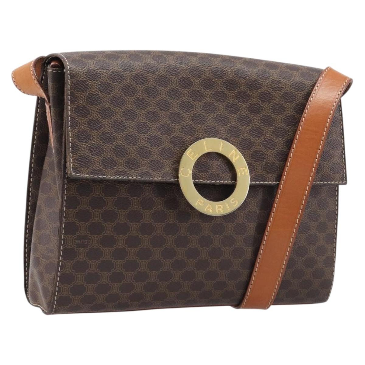 CELINE Macadam Canvas Circle Shoulder Bag PVC Leather Brown Gold Auth 214660A