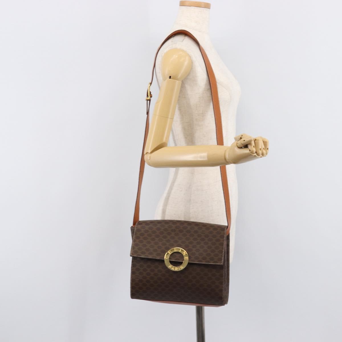 CELINE Macadam Canvas Circle Shoulder Bag PVC Leather Brown Gold Auth 214660A