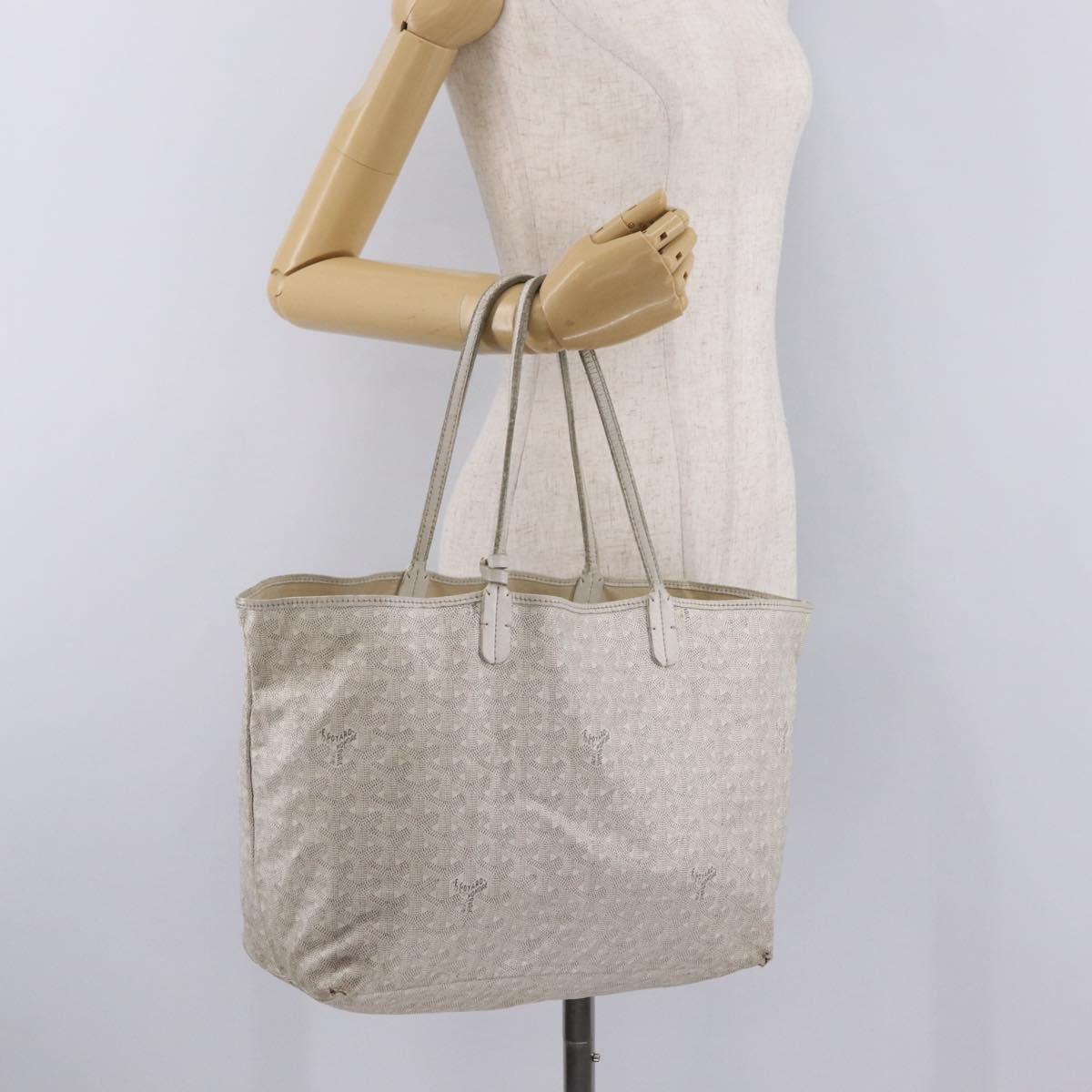 Goyard Herringbone Saint Louis PM Tote Bag PVC White Silver Auth 214681